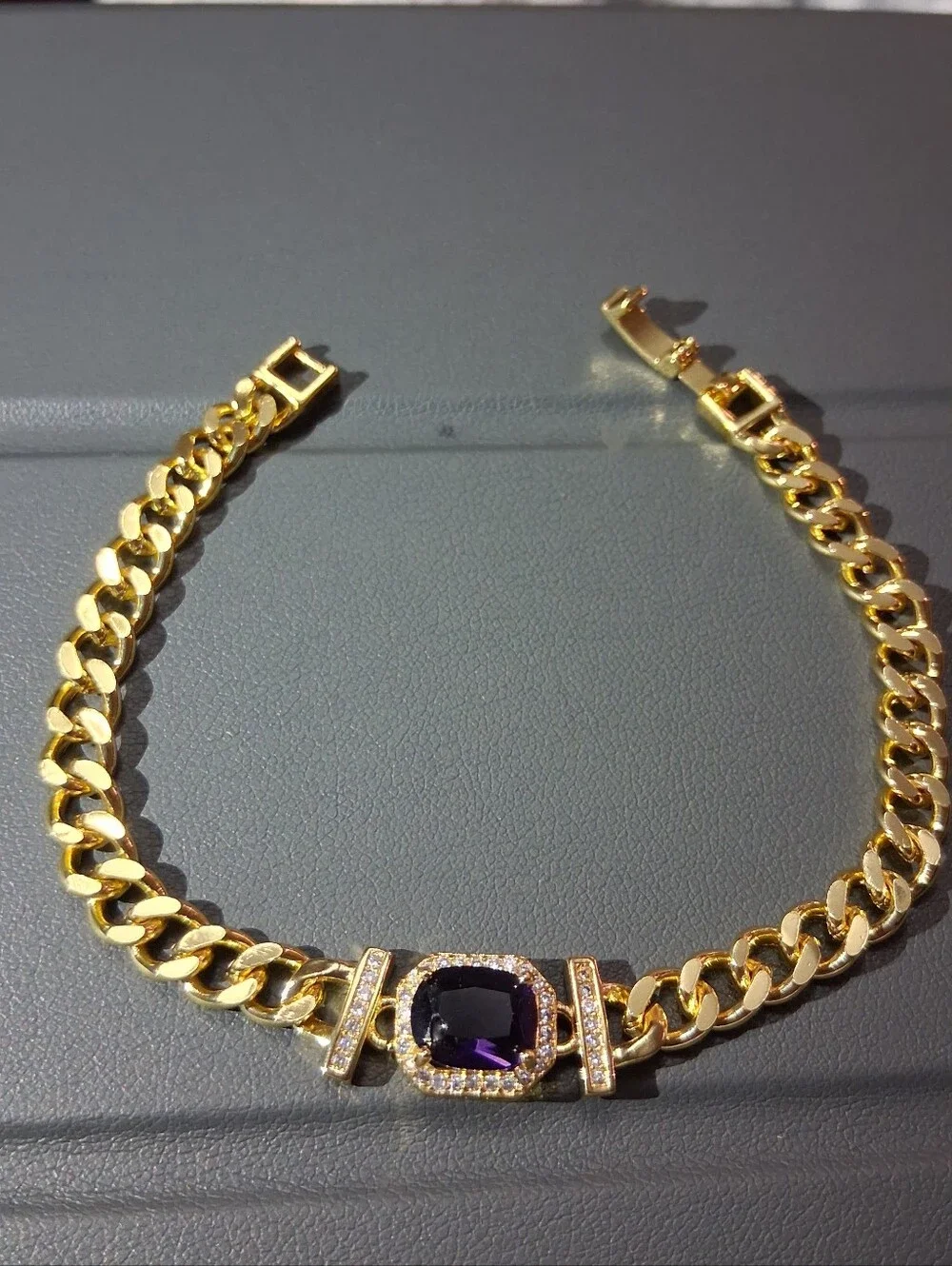 Gold Chain Bracelet with Purple Stone and Pavé Accents